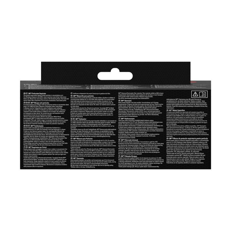 Back side of a rectangular 3M™ Aura™ Comfort Particulate Respirator 9320+, FFP2, without valve (package of 1 piece) from 3M Deutschland GmbH, mostly black with several sections of small multilingual text and symbols, as well as a cut-out hanging tab at the top center.