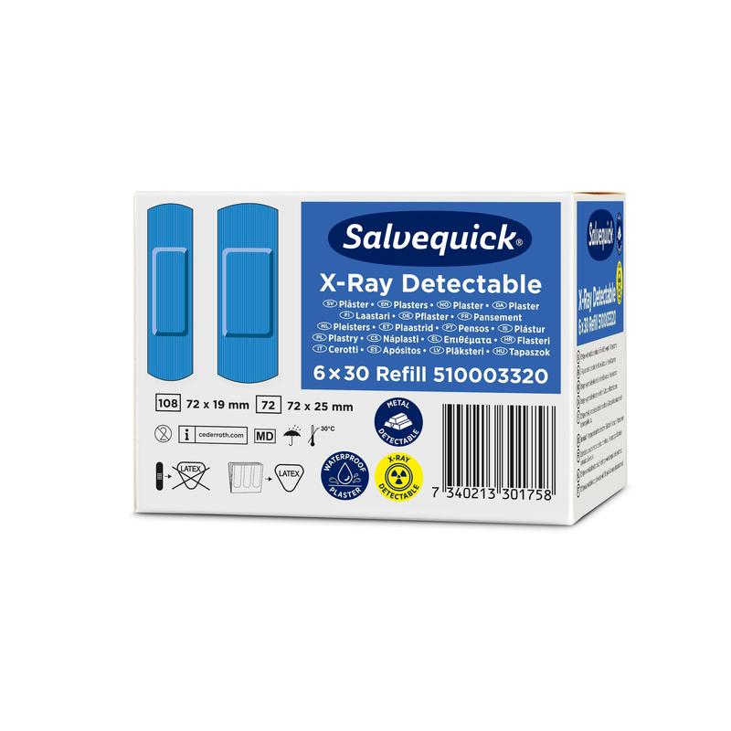 Eine Packung Orkla Wound Care AB Salvequick röntgendetektierbare Pflaster (30 Stück/Nachfüllung), sechs Packungen pro Karton, abgebildet mit blauen Binden und Produktangaben auf einer weiß-blauen Verpackung.