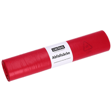 Rote EMIL DEISS KG (GmbH + Co.) Müllsäcke Typ 20, 70 l, HDPE, 575x1000 mm, gerollt, mit weißem "DEISS Abfallsäcke"-Etikett und Recycling-Symbol auf weißem Grund.
