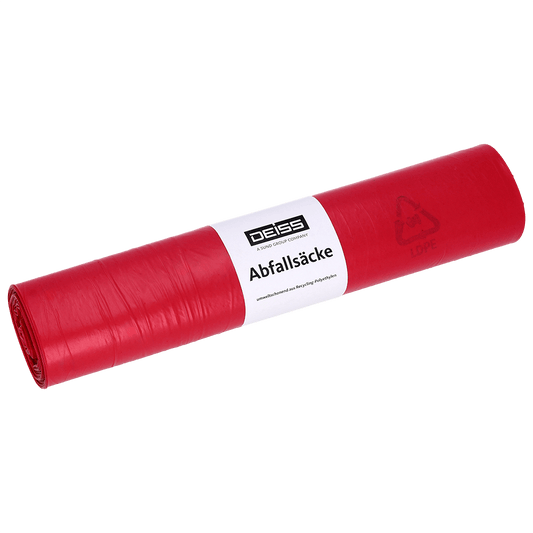 Rote EMIL DEISS KG (GmbH + Co.) Müllsäcke Typ 20, 70 l, HDPE, 575x1000 mm, gerollt, mit weißem "DEISS Abfallsäcke"-Etikett und Recycling-Symbol auf weißem Grund.
