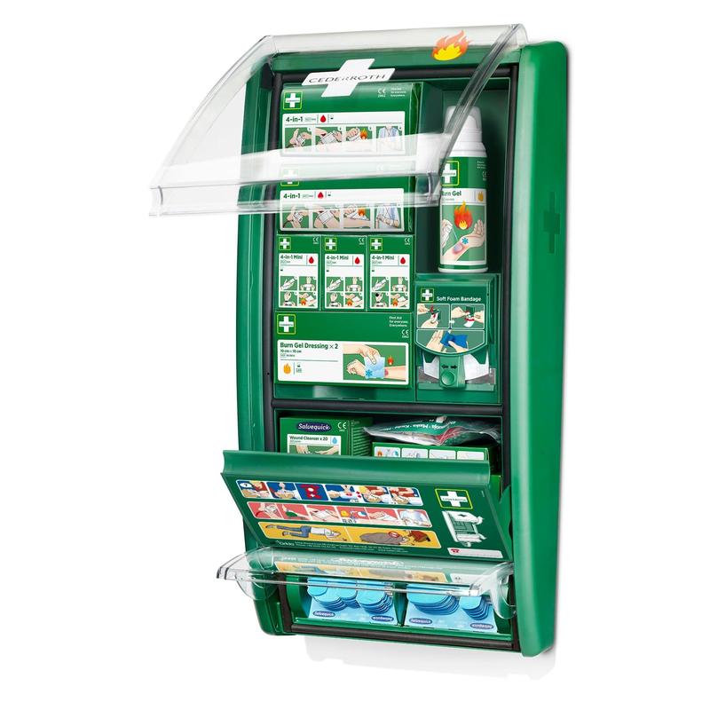 Die Cederroth erste hilfe & verbrennungsstation von Orkla Wound Care AB ist ein grünes, an der Wand montiertes Set in einer Packung mit Fächern für Brandwunden, Gels und Verbände sowie einer bebilderten Anleitung im Deckel und in den Fächern.
