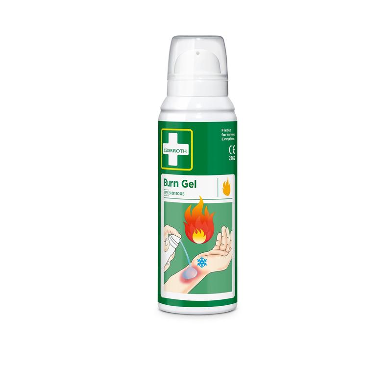 A 100 ml canister of Cederroth Burn Gel Spray from Orkla Wound Care AB with a green label featuring the product name, a white cross at the top, and an image of the gel being applied to a sunburned arm.