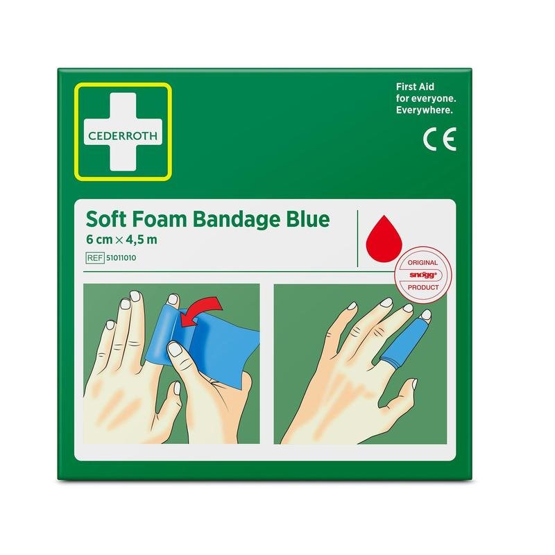 A green box of Cederroth soft foam bandage blue 6 cm x 4.5 m (1 piece) by Orkla Wound Care AB with illustrations on the front showing how to wrap and apply the bandage to fingers.