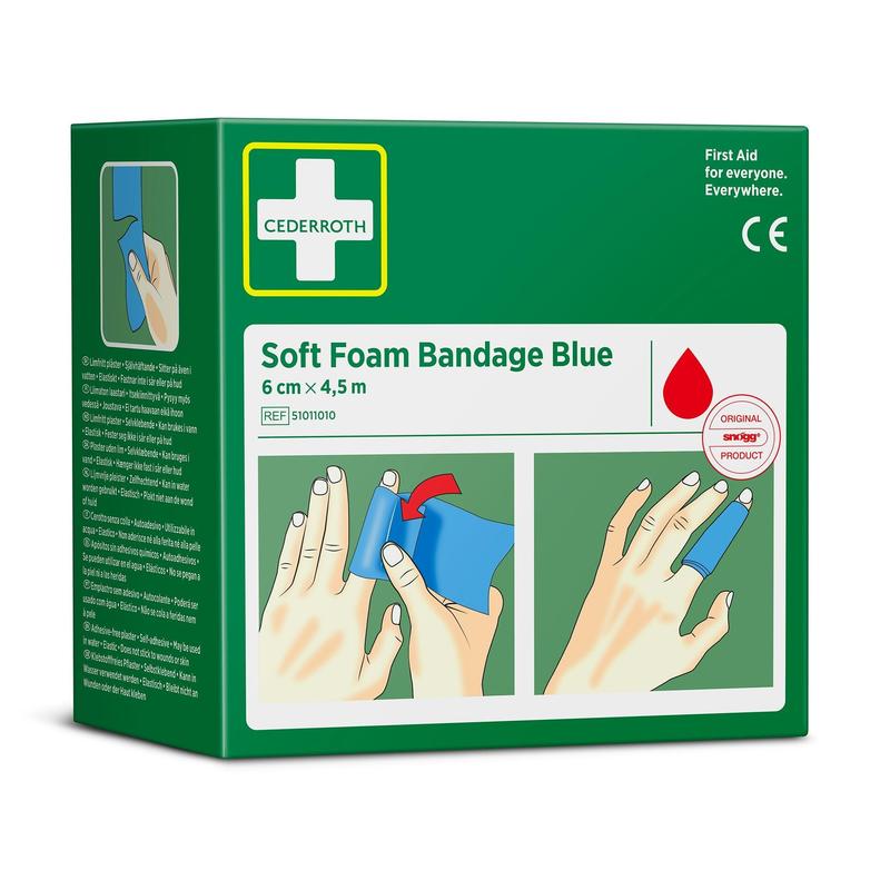 On a green box labeled "Cederroth soft foam bandage blue 6 cm x 4.5 m | Pack (1 piece)" by Orkla Wound Care AB, there are pictures of a hand wrapping and wearing the blue foam bandage around the fingers.