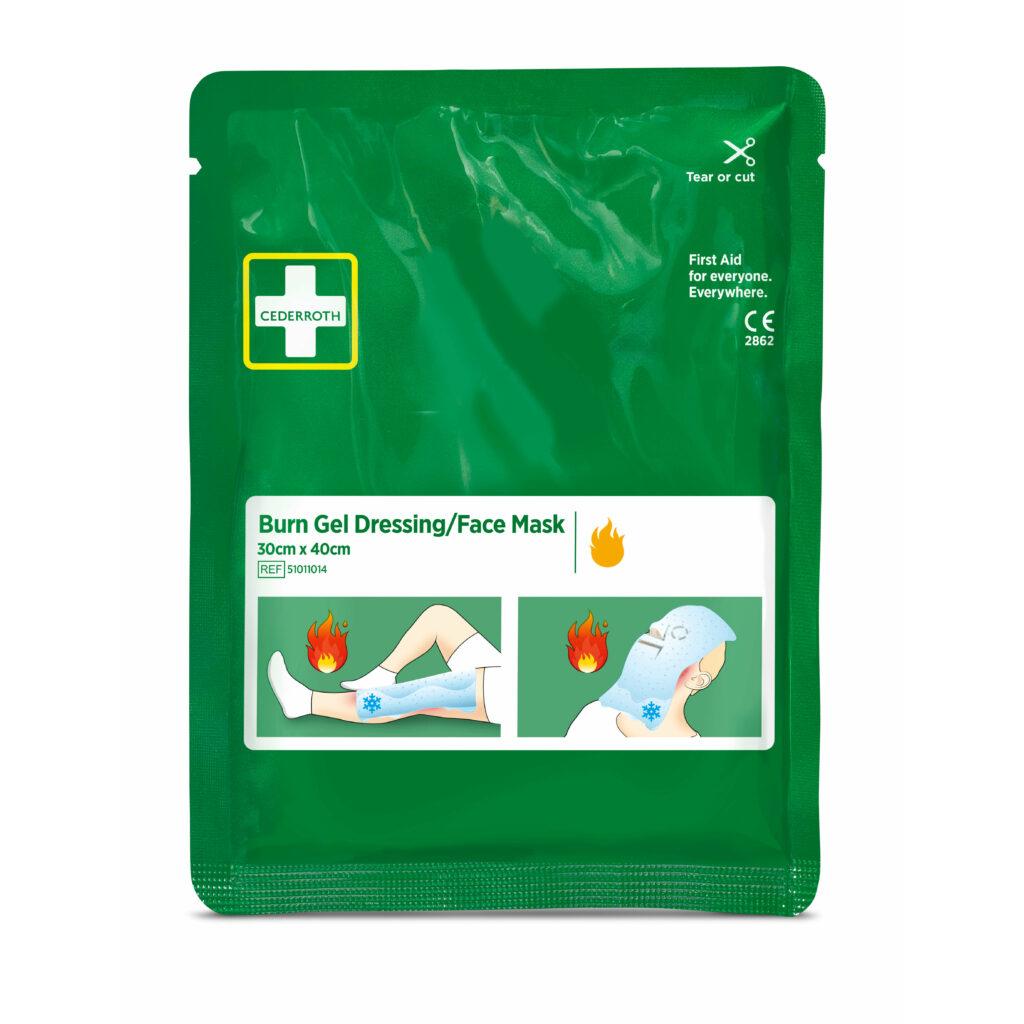 Ein grüner Cederroth Brandverband 30x40 cm (1 Stück) von Orkla Wound Care AB zeigt die Anwendung von Gel am Bein/Gesicht mit Feuersymbolen für Verbrennungen. Ideal für Brandwunden Behandlung. Packungsgröße: 30 x 40 cm.