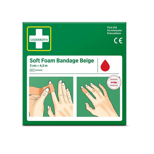 Eine grüne Schachtel mit der Aufschrift "Cederroth soft foam binde beige 3x450cm | Packung (1 Stück)" von Orkla Wound Care AB, mit einer Anleitung zum Fingerverband, einem roten Tropfensymbol und dem Text: "Erste Hilfe für alle. Überall.