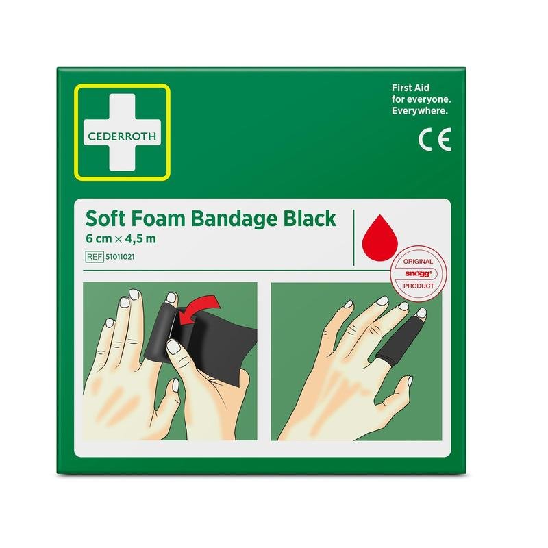 A green box with the label "Cederroth soft foam bandage black 6 cm x 4.5m | Pack (1 piece)" from Orkla Wound Care AB shows images of hands applying a black foam bandage, along with product information and logos.