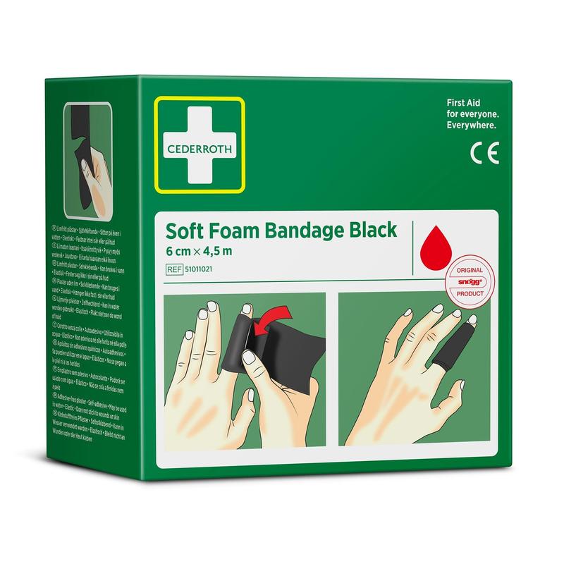 A green box with the label "Cederroth soft foam bandage black 6 cm x 4.5m | Pack (1 piece)" from Orkla Wound Care AB, with images of black foam finger bandages and a red water droplet symbol.