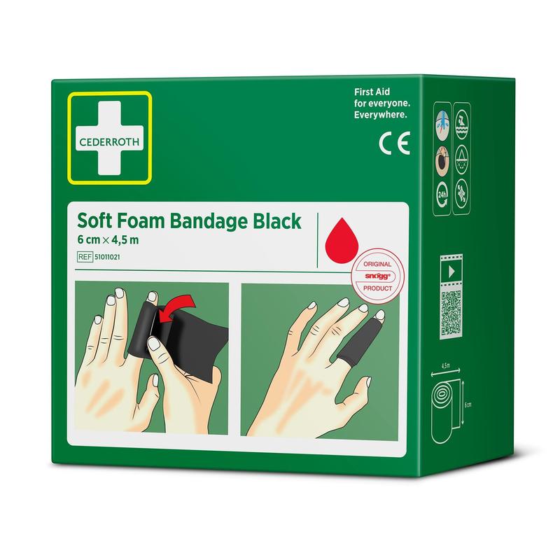 Green box from Orkla Wound Care AB Cederroth soft foam bandage black 6 cm x 4.5m (1 piece). The front shows images of hands wrapping a black bandage around fingers, with product details in white and black text.