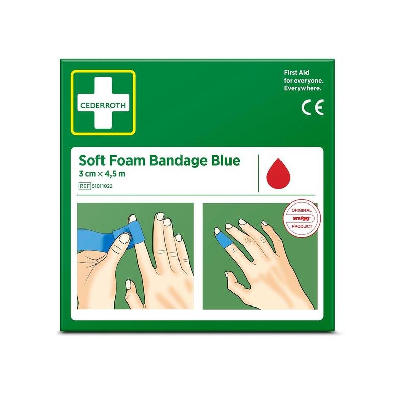 A green box with the inscription "Cederroth soft foam bandage blue 3x450cm | Package (1 piece)" from Orkla Wound Care AB shows images of hands applying a blue bandage. The box features a white cross and a red drop symbol.