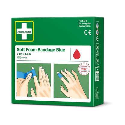A green box of Orkla Wound Care AB Cederroth soft foam bandage blue 3x450cm (1 piece) shows images of hands applying a blue bandage on the front, and medical symbols are depicted on the side.
