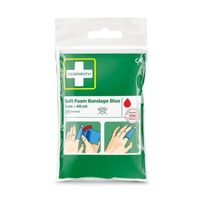 A green-white package Orkla Wound Care AB Cederroth soft foam bandage blue 6x40cm (1 piece) shows a pictorial guide for wrapping the blue bandage around a finger.