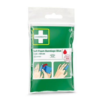 A sealed package Orkla Wound Care AB Cederroth soft foam bandage blue 6x40cm (1 piece) with application images and product information on the green-white front label.