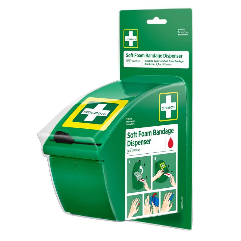 The Cederroth soft foam bandage dispenser blue from Orkla Wound Care AB is a wall-mounted dispenser for first aid with blue self-adhesive foam rolls. The packaging contains product information, the brand logo, and an illustrated instruction. Package (1 piece).