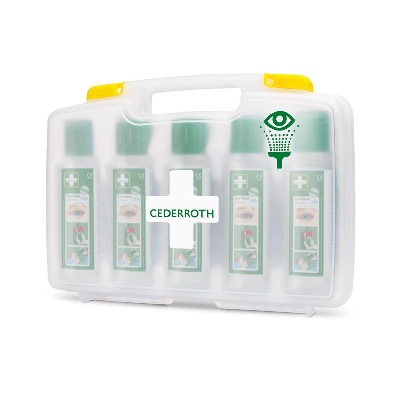 Die Orkla Wound Care AB Cederroth Augenspülung (5x500ml) im tragbaren Etui, REF 7255, besteht aus einem weißen Kunststoffkoffer mit Griff, transparenter Vorderseite, grünem Kreuz und Augenspülungssymbol, in dem sich fünf Flaschen befinden.