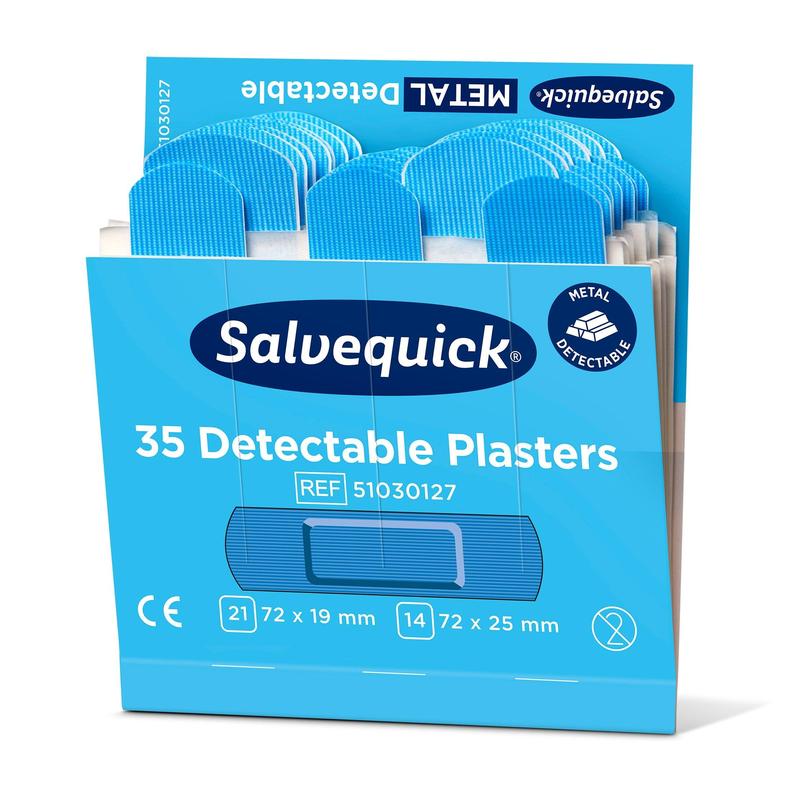 A blue box labeled "Orkla Wound Care AB Blue detectable plasters, 35 pieces/mine | Pack (6 pieces)" contains detectable plasters (72x19 mm, 72x25 mm), which are ideal for the food industry and individually packaged for hygiene reasons.