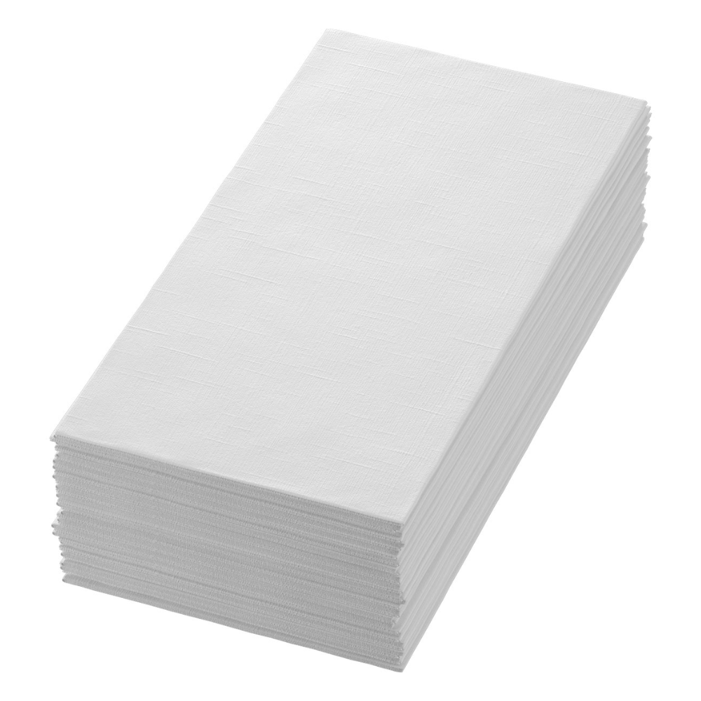 A stack of Dunilin® napkins 48 x 48 cm in white from Duni GmbH with subtle texture and perfectly aligned edges is neatly arranged on a white background, offering an eco-friendly choice for any occasion. Each pack contains 36 napkins that evoke fabric-like elegance.