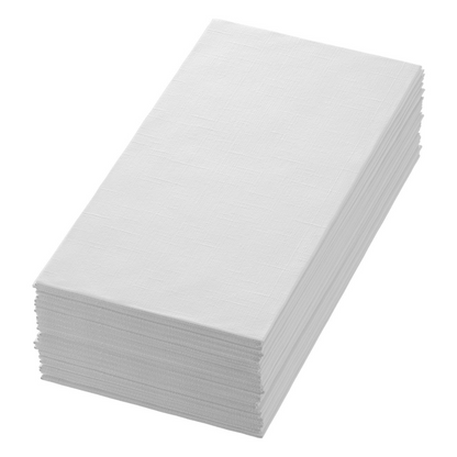 A stack of Dunilin® napkins 48 x 48 cm in white from Duni GmbH with subtle texture and perfectly aligned edges is neatly arranged on a white background, offering an eco-friendly choice for any occasion. Each pack contains 36 napkins that evoke fabric-like elegance.
