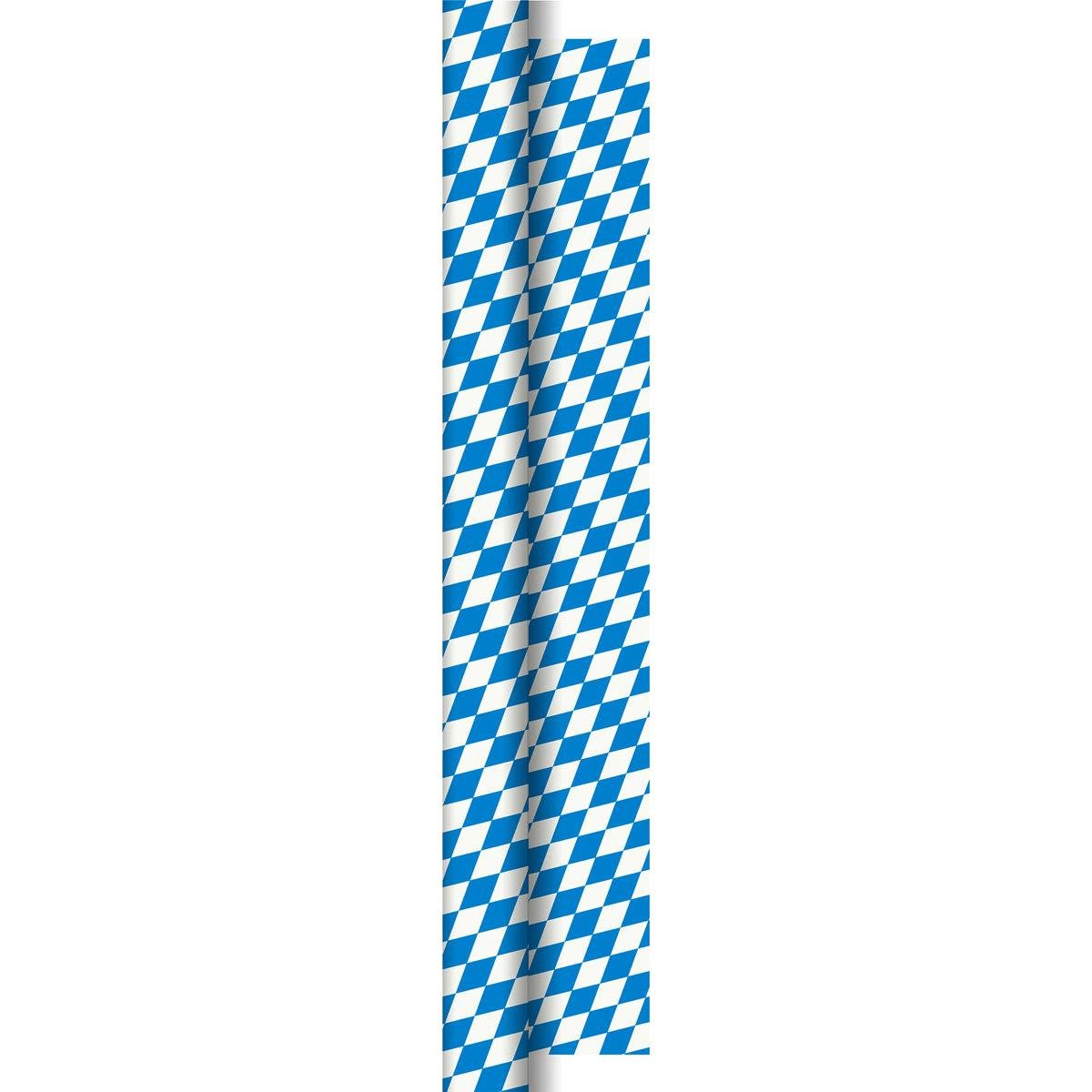 A paper table decoration roll 50x1.0m Bay. Diamond by Duni GmbH with classic Bavarian blue and white diamond pattern on a white background - ideal for creative projects and decorations with the Oktoberfest theme.