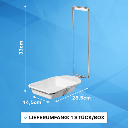 Ein Metalldrahtständer hält die rechteckige weiße ARNOMED DISPENSER TROPFSCHALE (33x28,5x14,5 cm) von ARNOWA GmbH, ideal für ARNOMED DISPENSER Seifen- und Desinfektionsmittelspender. Lieferung: 1 Stück/Karton.