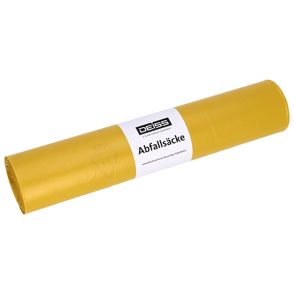 Pictured is a yellow roll of EMIL DEISS KG (GmbH + Co.) DEISS 53019 garbage bags (700x1100 mm, type 20, 50 pieces) on a white background - perfect for efficient waste disposal.