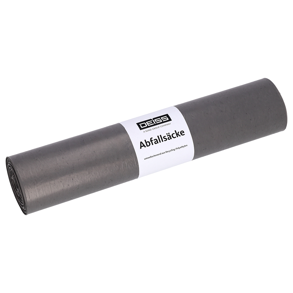 Abgebildet ist eine aufgerollte Packung EMIL DEISS KG (GmbH + Co.) DEISS Müllsäcke Typ 20, 575x1000 mm, 70 l, aus HDPE mit einem "DEISS Abfallsäcke"-Etikett auf einfarbig weißem Hintergrund - ideale HDPE-Säcke für Ihren Abfallbedarf.