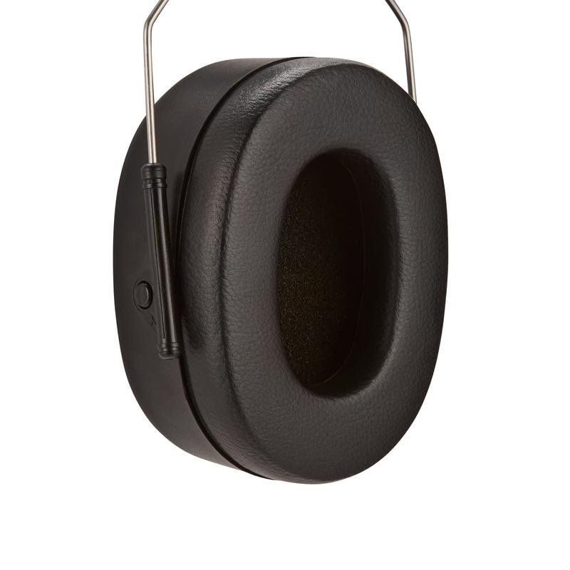 A close-up of a black ear pad from the 3M™ capsule hearing protector with foldable headband 90563E (SNR 30 dB, Black, 1 piece) from 3M Deutschland GmbH, showing the textured surface and part of the foldable frame.