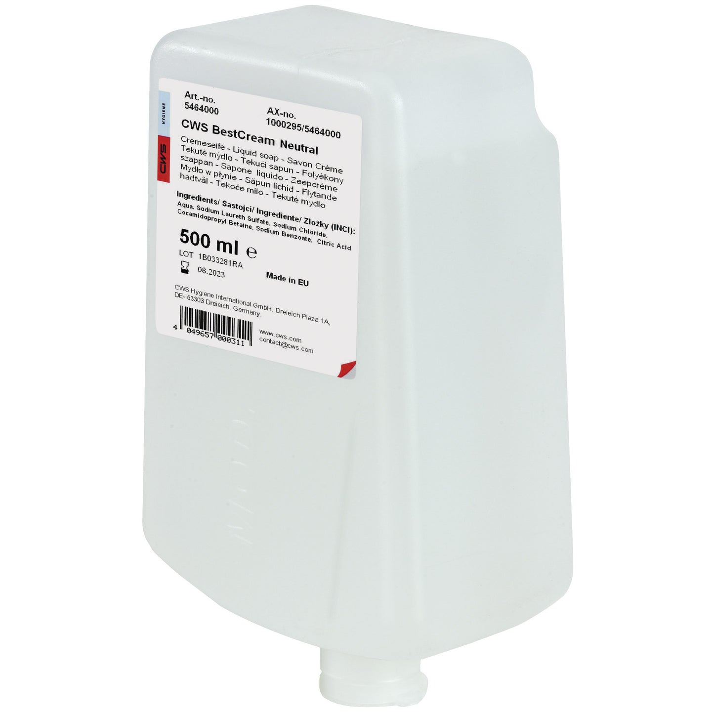 Ein weißer 500-ml-Kunststoffspender von CWS, beschriftet mit Produktinformationen für CWS Seifencreme BestCream Neutral. Konzipiert für empfindliche Haut, verfügt die Flasche über eine Bodendüse.