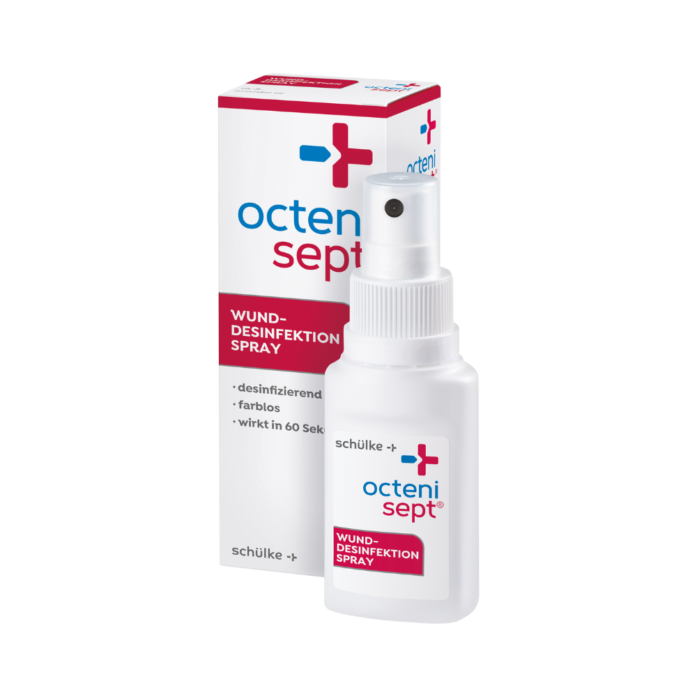 A white 50ml spray bottle labeled “Schülke octenisept® Wound Disinfection Spray” from Schülke & Mayr GmbH stands in front of its predominantly white box with blue and red accents, offering proven wound disinfection and infection protection.