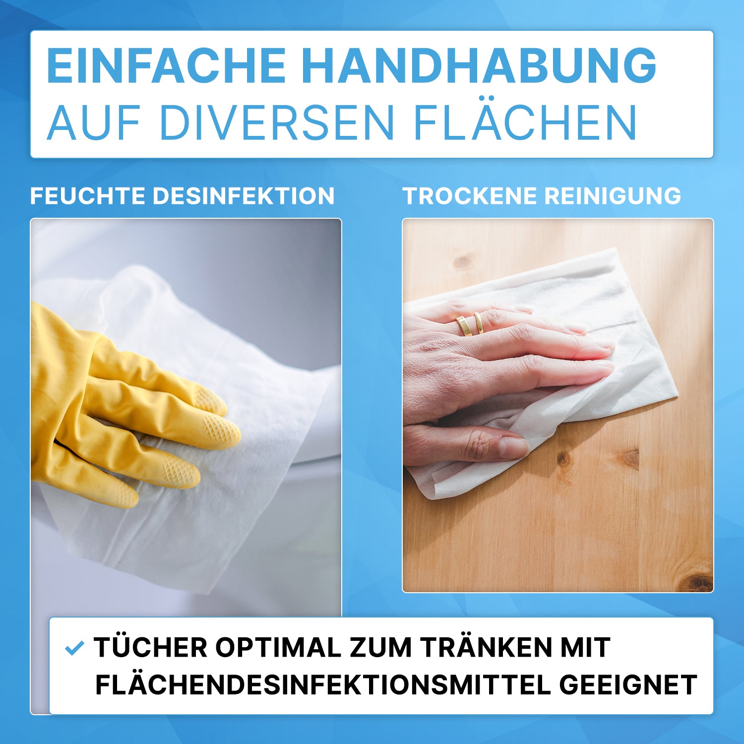 Zwei Bilder zeigen ARNOMED DRY WIPES von ARNOWA GmbH: Links wischt eine Hand mit gelbem Handschuh eine Fläche feucht ab, rechts reinigt eine Hand ohne Handschuh eine Holzoberfläche trocken.