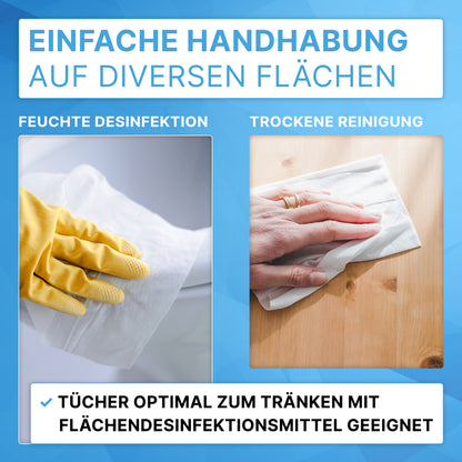 Links: Eine Hand mit gelbem Gummihandschuh nutzt ein feuchtes Tuch aus dem ARNOMED Spendereimer für Vliestuchrollen von ARNOWA GmbH zur Desinfektion; rechts wischt eine bloße Hand mit trockenem Tuch. Text erläutert die Anwendungen.
