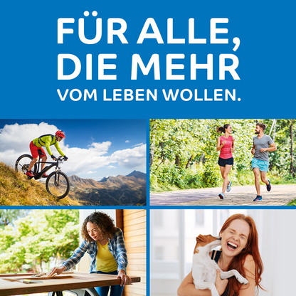 Under the German text “For everyone who wants more from life.” there are four pictures – cycling, jogging, writing, and laughing with a dog – perfectly reflecting the moments protected by the octenisept® wound disinfection spray 50 ml from Schülke & Mayr GmbH.