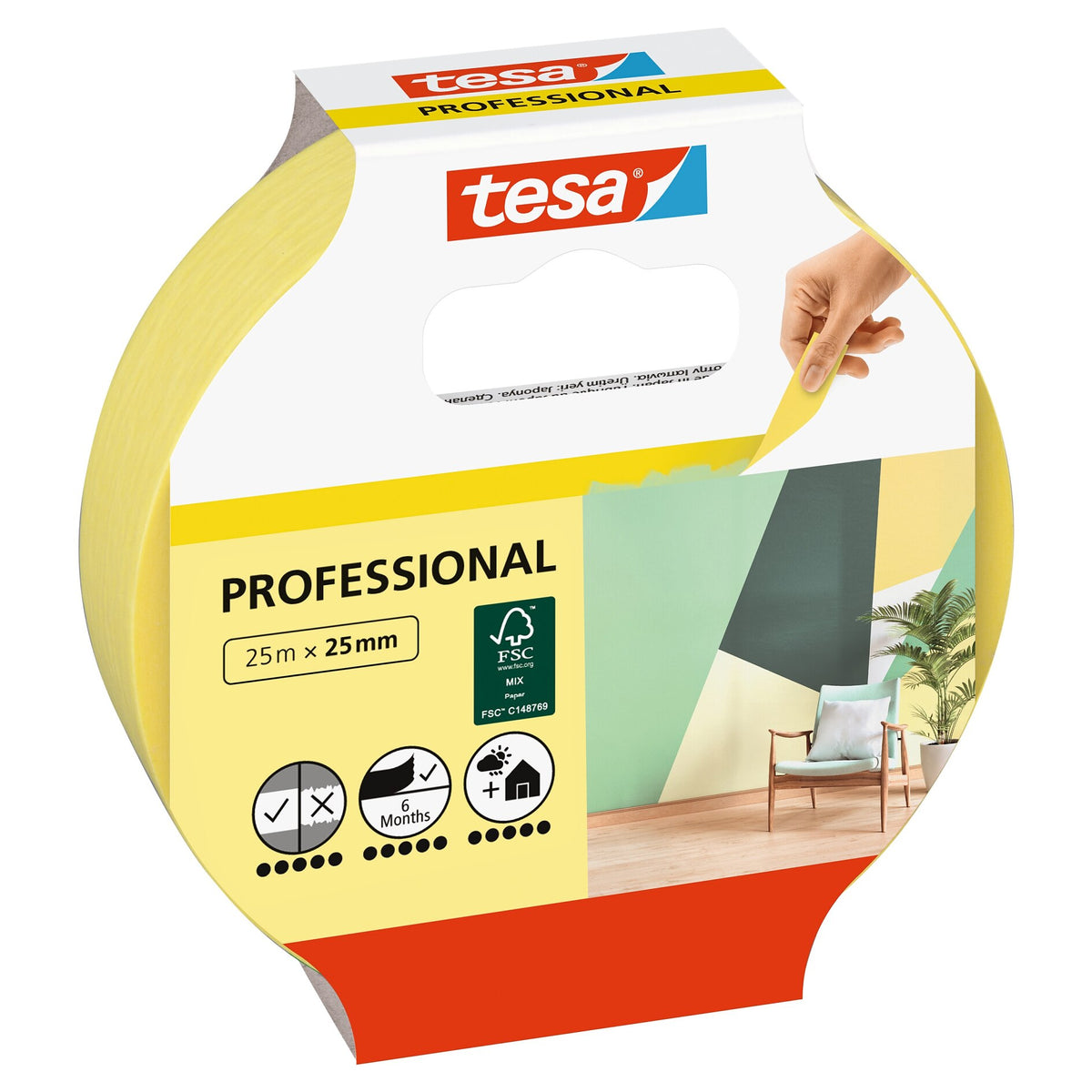 tesa Professional Painter's Tape, Yellow, 25 m x 25 mm