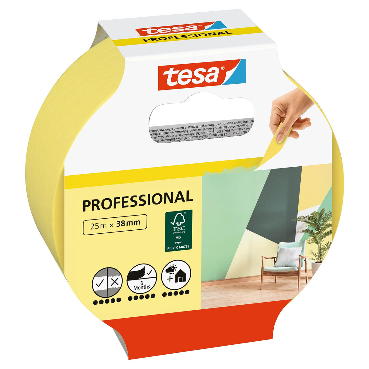 tesa Professional Painter's Tape, Yellow, 25 m x 38 mm