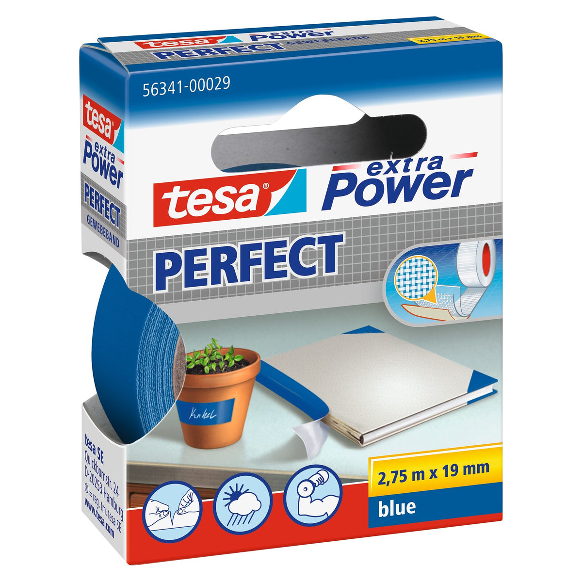 tesa extra Power Perfect Gewebeband blau, 2,75 m x 19 mm