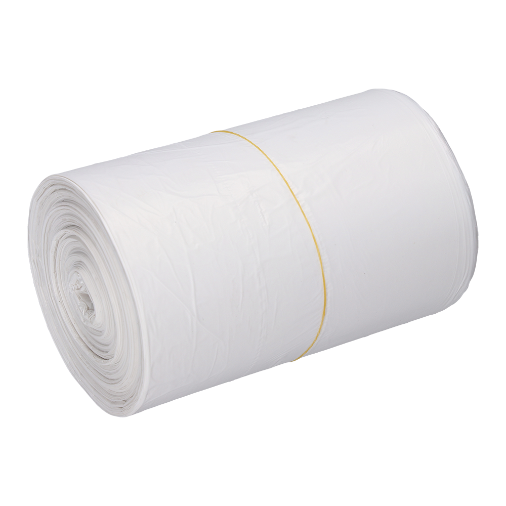 A roll of EMIL DEISS KG (GmbH + Co.) DEISS 56820 garbage bags (540x580x0.011 mm, white) is tightly wrapped and secured with a yellow rubber band on a white background - ideal for efficient waste disposal.