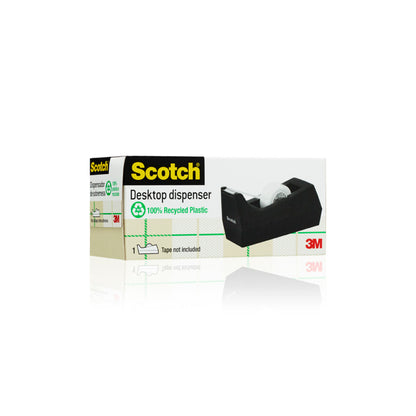 Eine Schachtel mit dem Scotch™ Schreibtisch-Klebebandabroller C38 in Schwarz von 3M Deutschland GmbH. Die Verpackung hebt den Abroller hervor, weist darauf hin, dass kein Klebeband enthalten ist, und ist ideal als Bürozubehör.