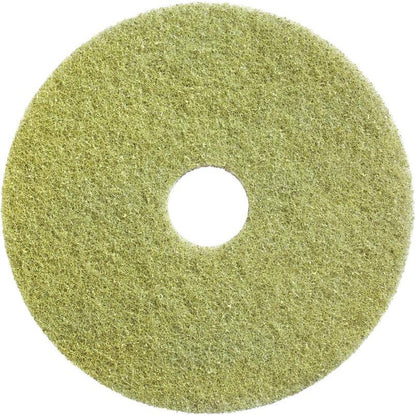 The Diversey Twister Pad (yellow) by Diversey Deutschland GmbH & Co. OHG is a round, coarsely textured restoration pad with a hole in the middle, ideal for cleaning and restoring stone floors, from a bird's eye view on a white background.