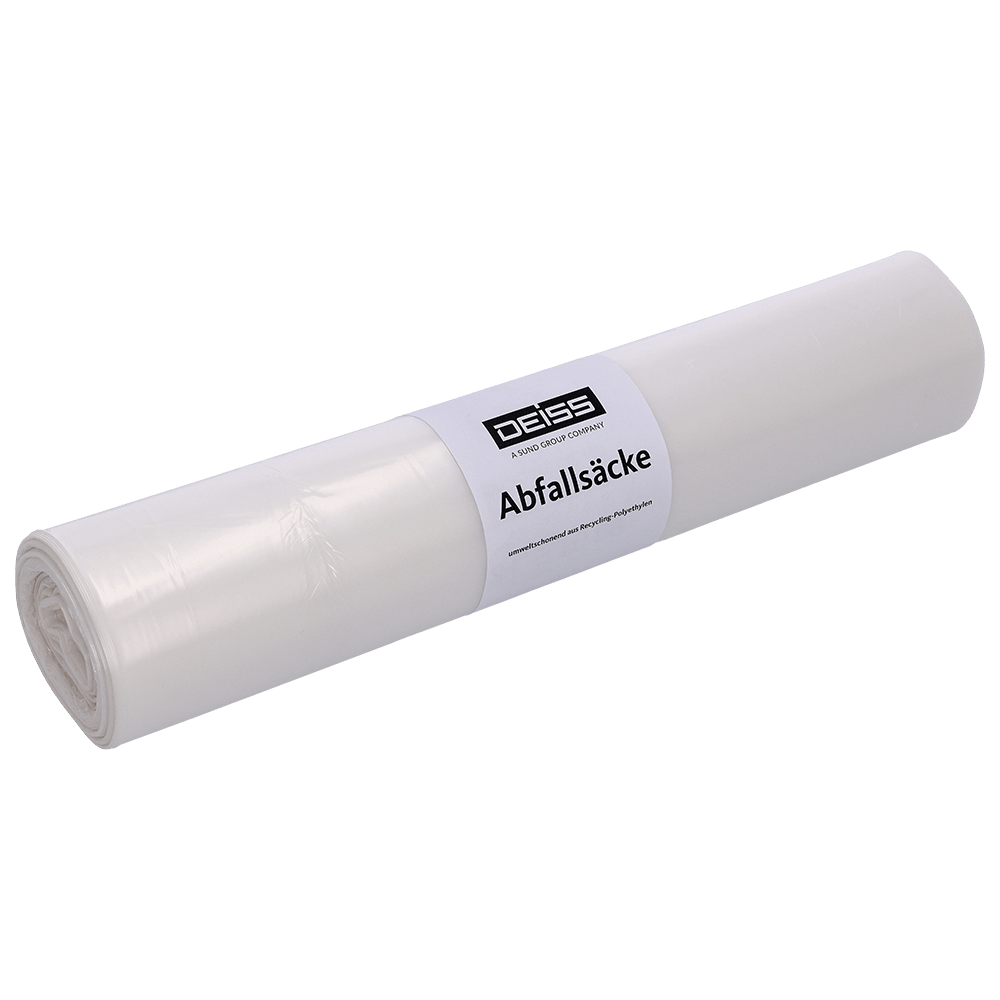 Pictured is a roll of DEISS 59003 garbage bags (800x1000x0.02 mm, transparent, 50 pieces per roll) from EMIL DEISS KG (GmbH + Co.) against a light background - ideal for hygienic waste disposal with practical, transparent bags.