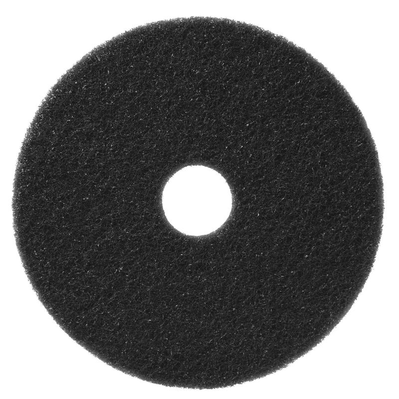 The TASKI Americo Pad Black from Diversey Deutschland GmbH & Co. OHG is a round, black, textured, aggressive scrubbing pad with a circular hole, ideal for demanding cleaning tasks and pictured on a white background.