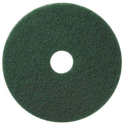 The TASKI Americo Pad Green scrubbing pad for wet and dry cleaning from Diversey Deutschland GmbH & Co. OHG is a green, round pad with a rough texture and central hole, depicted on a white background.