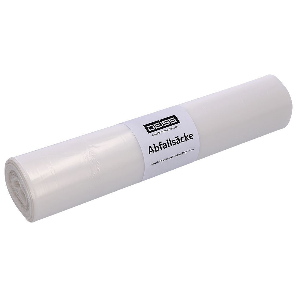 Pictured is a transparent garbage bag roll DEISS 59701 (575x1000x0.018 mm, 50 pieces) from EMIL DEISS KG (GmbH + Co.) against a simple light background.