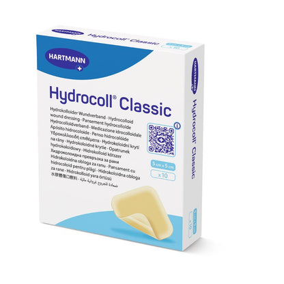 A package of Hartmann Hydrocoll Classic sterile dressing from Paul Hartmann AG, individually sealed; 10 dressings (5 cm x 5 cm), with multilingual product information, QR code, and dressing image. Ideal for moist wound care and supporting granulation and epithelialization.