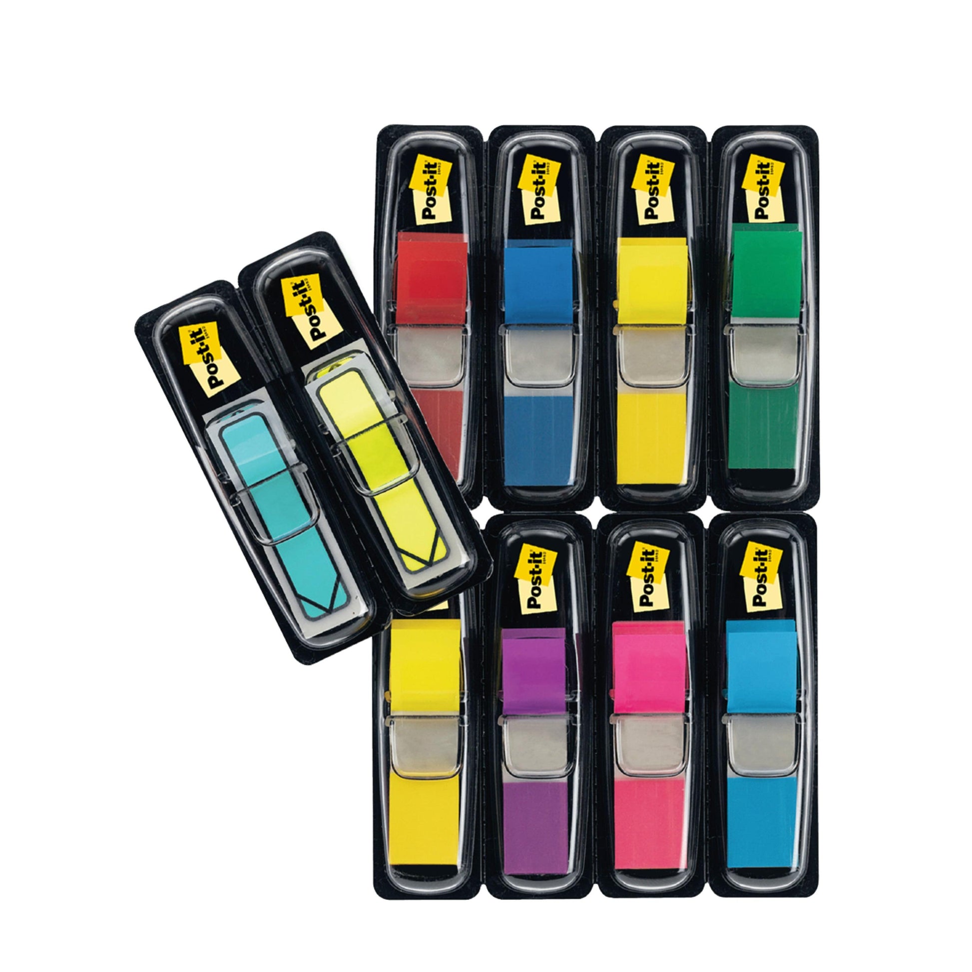 Zehn Packungen 3M Post-it® Index Haftstreifen Mini (11,9 x 43,2 mm) in verschiedenen Farben, darunter blaue und gelbe Pfeile, sind in zwei Reihen auf weißem Hintergrund angeordnet.