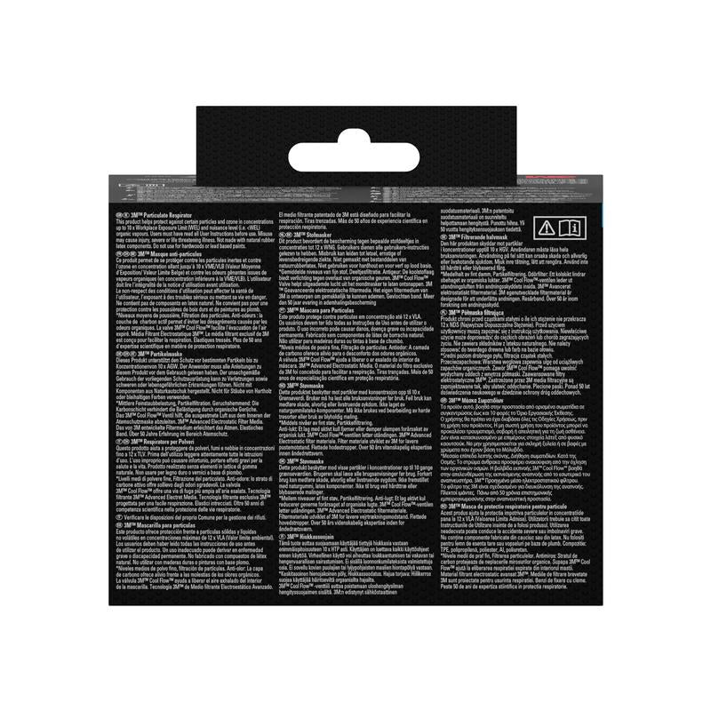 The image shows the back of a 3M™ Aura™ Comfort Cool Flow™ Particulate Respirator 9332+ (FFP3, with valve) from 3M Deutschland GmbH. The black packaging contains three columns of multilingual white text and a hanging tab at the top.