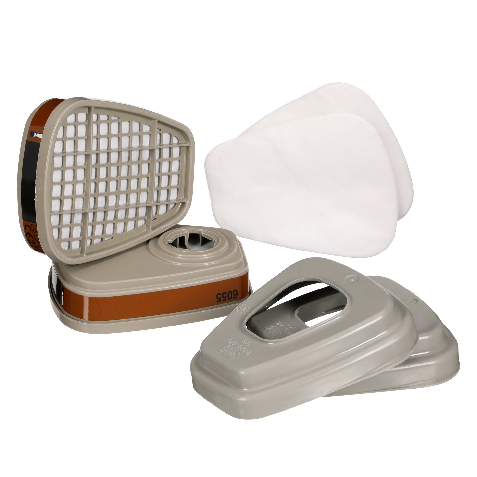 Der 3M™ Filtersatz 6002-1 von 3M Deutschland GmbH enthält zwei A2P2-Patronen (6055), zwei Filtermatten (5925) und zwei Kunststoffabdeckungen (501), die alle auf einem weißen Hintergrund angeordnet sind.