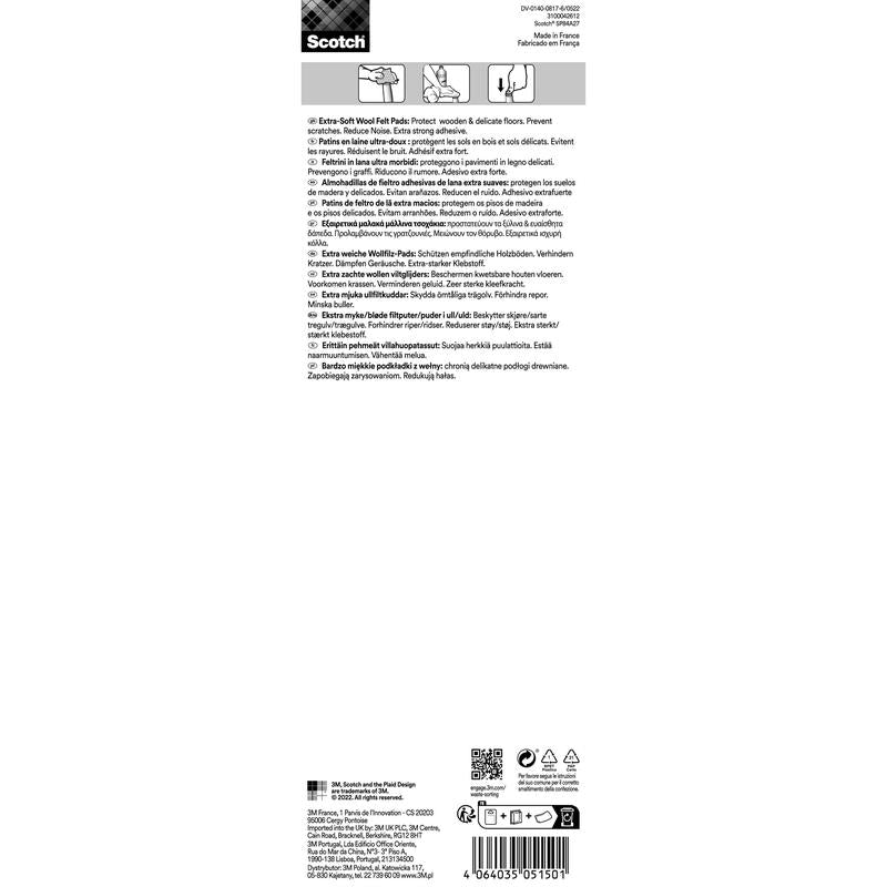 A multilingual label for Scotch® Extra Soft Felt Pads, self-adhesive, beige from 3M Deutschland GmbH describes the use for protecting wood and delicate floors, noise reduction, and provides instructions and manufacturing information.