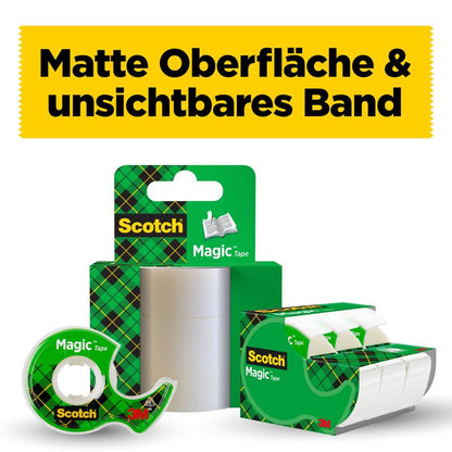 A display of 3M Deutschland GmbH Scotch® Magic™ Invisible Tape 8-1925R3 refill pack (19 mm x 25 m, 3 rolls/pack) in green checkered packaging. At the top, a yellow banner reads "Matte surface & invisible tape".