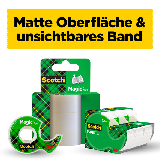 Ein Display von 3M Deutschland GmbH's Scotch® Magic™ Unsichtbares Klebeband (2 Rollen, 19mm x 12m + 3,2m GRATIS & 1 Handabroller), mit deutschem Text "Matte Oberfläche & unsichtbares Klebeband" auf gelbem Hintergrund.