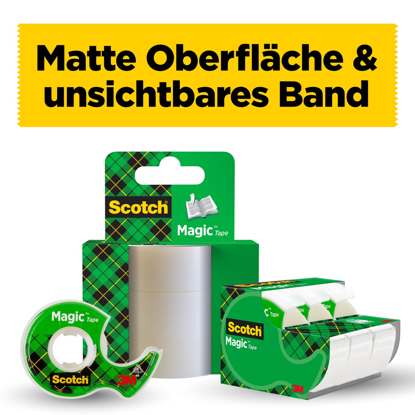 Ein Display mit der Scotch® Magic™ Unsichtbares Klebeband Nachfüllpackung (1 Rolle, 19 mm x 25 m) der 3M Deutschland GmbH in einer grün karierten Verpackung. Darüber befindet sich ein gelbes Banner mit der Aufschrift "Matte Oberfläche & unsichtbares Band".